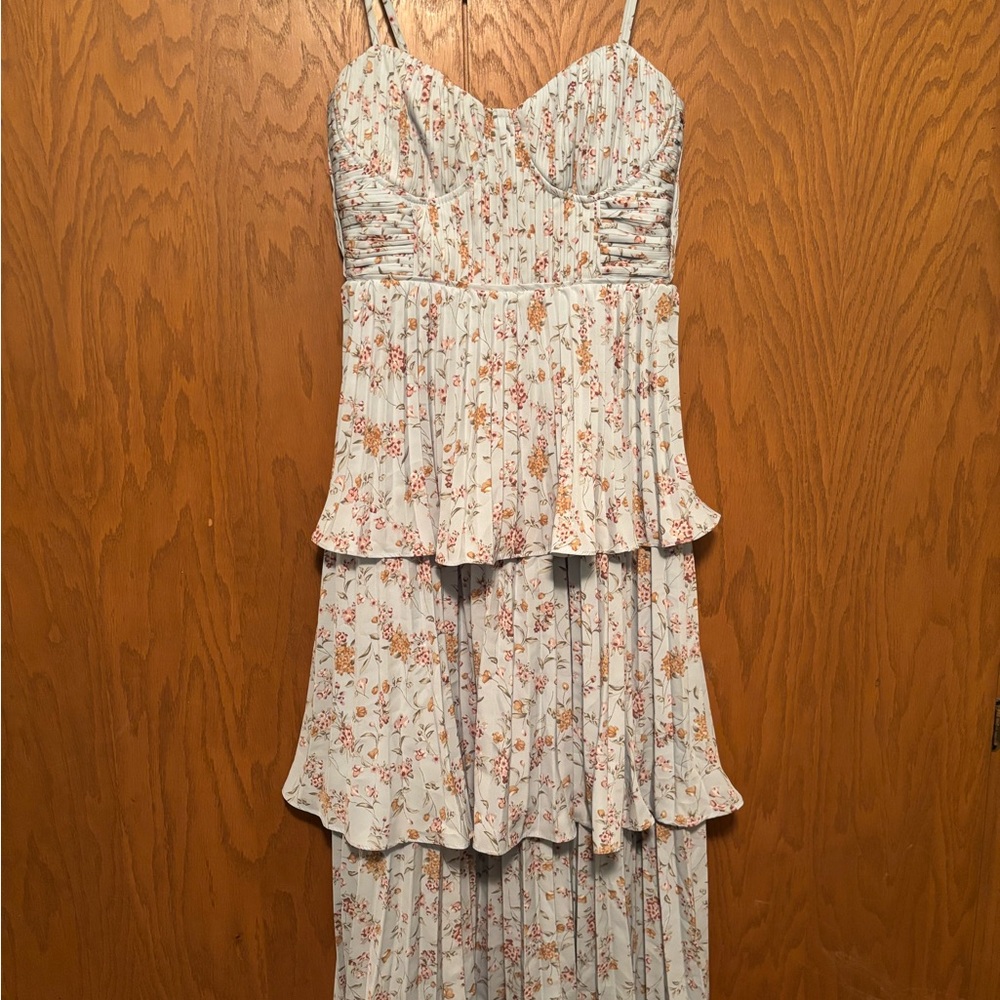 Lulu's Floral Midi Dress in Light Blue, Cream and Pink